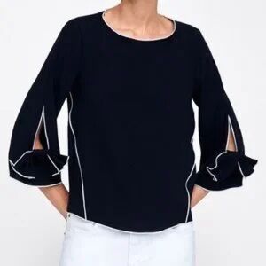 NWT Zara women long sleeve blouse top, navy, size XS
